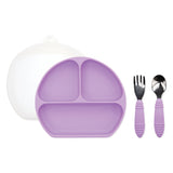Bumkins Grip Dish Essential Toddler 4-Piece Mealtime Set: Lavender includes a purple silicone dish, purple utensils, & a transparent lid.