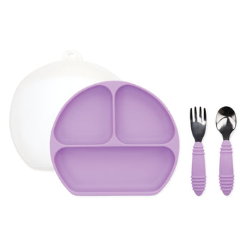 Bumkins Grip Dish Essential Toddler 4-Piece Mealtime Set: Lavender includes a purple silicone dish, purple utensils, & a transparent lid.