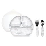 Bumkins Grip Dish Essential Toddler 4-Piece Mealtime Set: Marble includes a marble silicone dish, marble utensils, & a transparent lid.