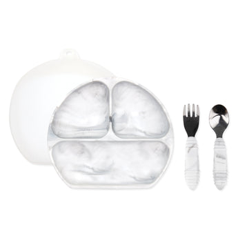 Bumkins Grip Dish Essential Toddler 4-Piece Mealtime Set: Marble includes a marble silicone dish, marble utensils, & a transparent lid.