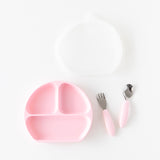 Bumkins Grip Dish Essential Toddler 4-Piece Mealtime Set: Pink is neatly arranged on a white background.