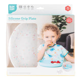 Bumkins Silicone Grip Plate: Vanilla Sprinkle in a white packaging box with a photo of a child and a clear window partially displaying the dish.