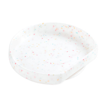 Bumkins Silicone Grip Plate: Vanilla Sprinkle, a white terrazzo silicone tray with colorful specks and a suction base.