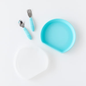 Bumkins Grip Plate Essential 4-Piece Mealtime Set in Blue: includes plate, bib, spoon & fork with blue handles.