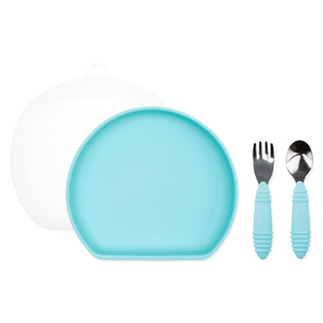 The Bumkins Grip Plate Essential 4-Piece Mealtime Set in blue includes a plate, fork, spoon, and white cover.