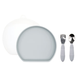 Bumkins Grip Plate Essential 4-Piece Mealtime Set in gray, with plate, lid, fork & spoon, shown on a white background.