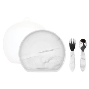 Bumkins Grip Plate Essential 4-Piece Mealtime Set in Marble includes plate, fork, spoon & dome cover on a white background.