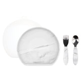 Bumkins Grip Plate Essential 4-Piece Mealtime Set in Marble includes plate, fork, spoon & dome cover on a white background.