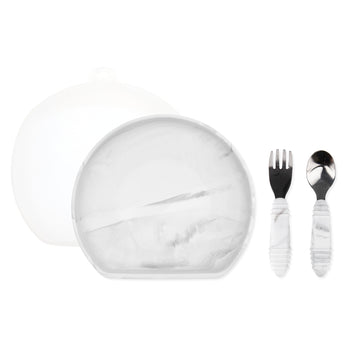 Bumkins Grip Plate Essential 4-Piece Mealtime Set in Marble includes plate, fork, spoon & dome cover on a white background.