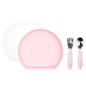 The Bumkins Grip Plate Essential 4-Piece Mealtime Set in Pink includes a pink plate, white lid, and pink-handled fork & spoon.