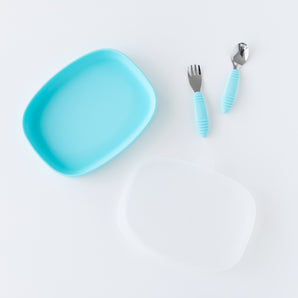Bumkins Grip Tray Essential 4-Piece Mealtime Set: Blue is neatly arranged on a white background.