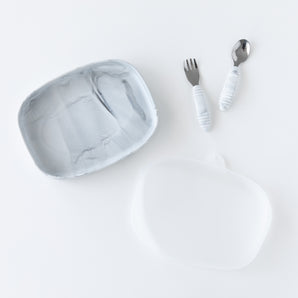 Bumkins Grip Tray Essential 4-Piece Mealtime Set: Marble is neatly arranged on a white background.