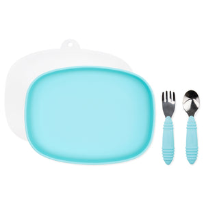 Bumkins Grip Tray Essential 4-Piece Mealtime Set: Blue includes a blue rectangular silicone dish, blue utensils, and a transparent lid.