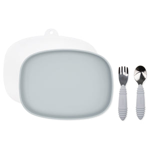Bumkins Grip Tray Essential 4-Piece Mealtime Set: Gray includes a gray rectangular silicone dish, gray utensils, and a transparent lid.