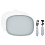 Bumkins Grip Tray Essential 4-Piece Mealtime Set: Gray includes a gray rectangular silicone dish, gray utensils, and a transparent lid.