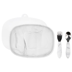 Bumkins Grip Tray Essential 4-Piece Mealtime Set: Marble includes a marble rectangular silicone dish, marble utensils, and a transparent lid.
