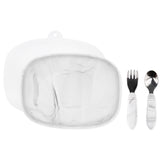 Bumkins Grip Tray Essential 4-Piece Mealtime Set: Marble includes a marble rectangular silicone dish, marble utensils, and a transparent lid.