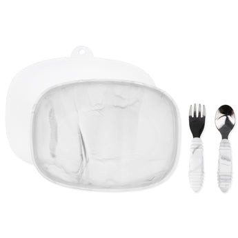 Bumkins Grip Tray Essential 4-Piece Mealtime Set: Marble includes a marble rectangular silicone dish, marble utensils, and a transparent lid.