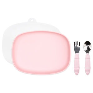 Bumkins Grip Tray Essential 4-Piece Mealtime Set: Pink includes a pink rectangular silicone dish, pink utensils, and a transparent lid.