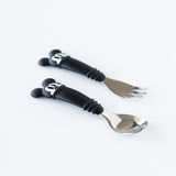 Mickey Mouse-themed black-handled spoon and fork from Bumkins, ideal for various baby feeding stages. Growing with Bumkins Gift Set.