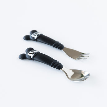 Mickey Mouse-themed black-handled spoon and fork from Bumkins, ideal for various baby feeding stages. Growing with Bumkins Gift Set.