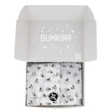 Open box with BUMKINS text inside contains a white cloth featuring black and white Disney Mickey Mouse cartoons.