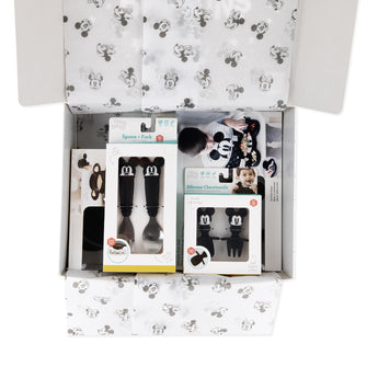 Open box with Bumkins Growing with Bumkins Gift Set, Disney Mickey Mouse, featuring Mickey designs on printed tissue paper.