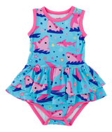 Gwen Birdie Twirl by Birdie Bean: Blue bamboo viscose baby dress with pink trim featuring sharks, starfish, and bubbles.