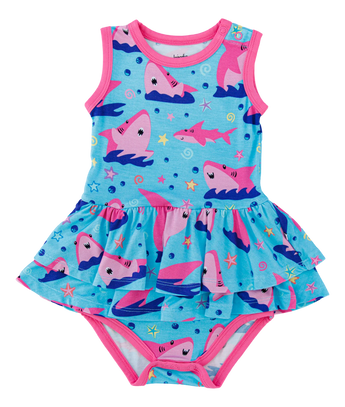 Gwen Birdie Twirl by Birdie Bean: Blue bamboo viscose baby dress with pink trim featuring sharks, starfish, and bubbles.