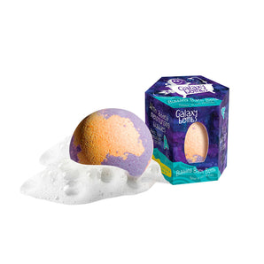 Colorful, plant-based Bath Bombs Galaxy by Loot Toys with a celestial theme, nestled in white foam bubbles near their matching hex box.