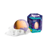 Colorful, plant-based Bath Bombs Galaxy by Loot Toys with a celestial theme, nestled in white foam bubbles near their matching hex box.