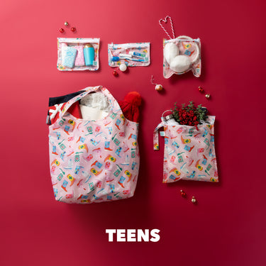 Gift bags and pouches with teen-themed designs on a red background, filled with small gifts and holiday decorations. Text: TEENS.