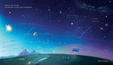 A night sky with constellations and planets above a landscape, akin to the Here We Are Book by Oliver Jeffers from Random House.