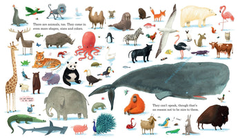 The Here We Are Hardcover Book by Random House features a white background filled with illustrated animals like a whale and tiger.