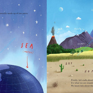 Here We Are by Random House: Left has starry sky over Earth labeled LAND and SEA; Right shows fields, a volcano, mountain.