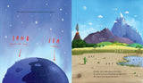 Here We Are by Random House: Left has starry sky over Earth labeled LAND and SEA; Right shows fields, a volcano, mountain.