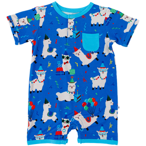The Landon Shortie Romper by Birdie Bean features festive llamas in party hats, crafted from bamboo viscose, ideal for sensitive skin.