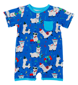 The Landon Shortie Romper by Birdie Bean features festive llamas in party hats, crafted from bamboo viscose, ideal for sensitive skin.