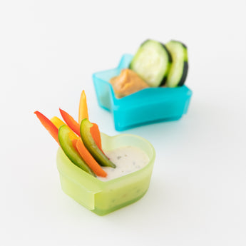 Bumkins Silicone Little Dipper Combo 2 Pack: Aqua Jelly holds veggies and dip on a white background.