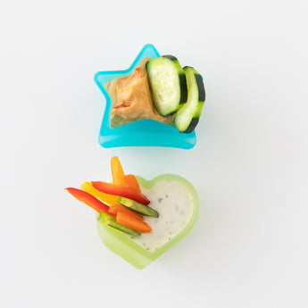 Bumkins Silicone Little Dipper Combo 2 Pack: Aqua Jelly on a white background: one with hummus and cucumbers, the other with veggies and ranch.