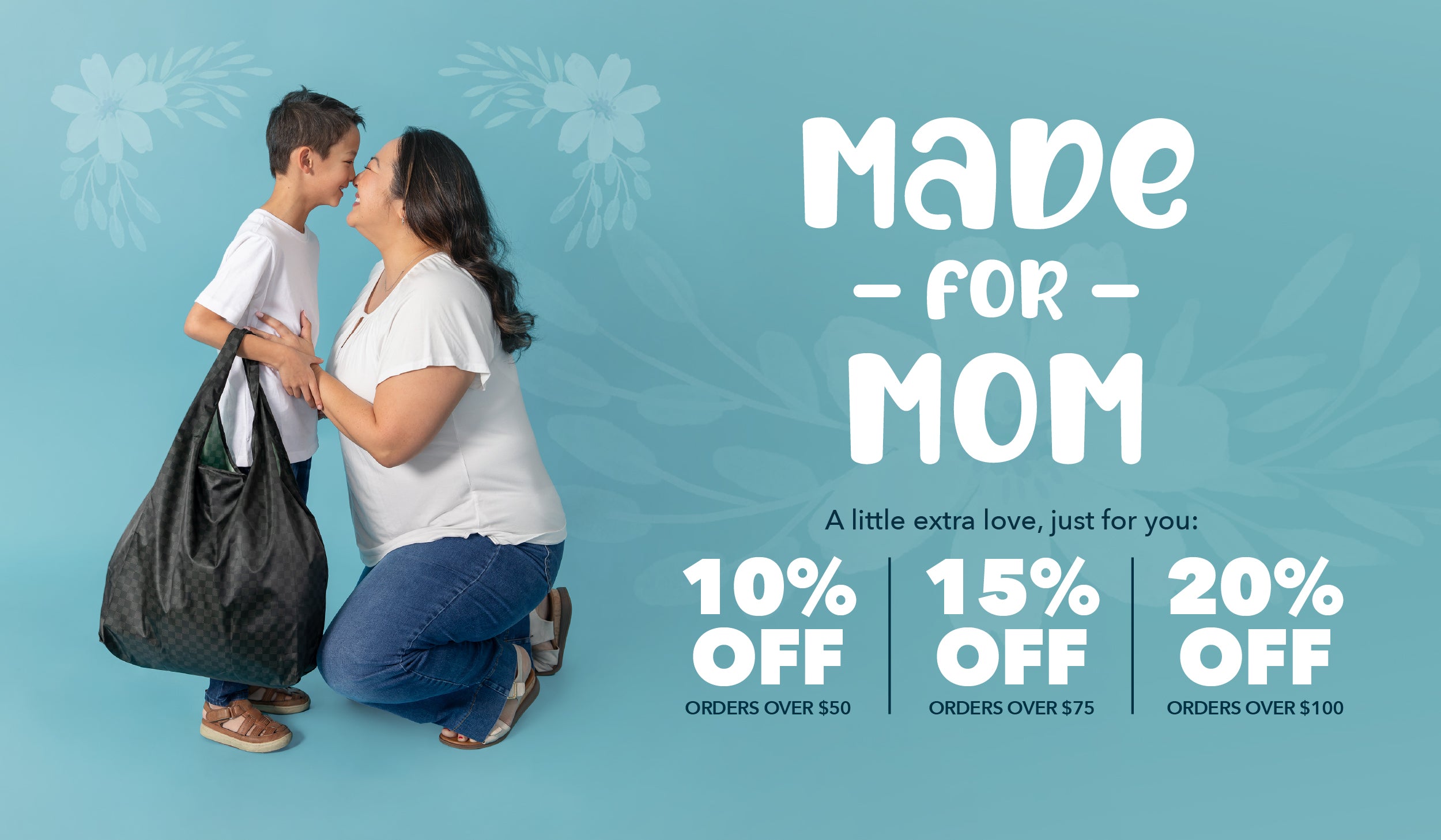 Woman & child with black tote bag on a blue background with text "Made for Mom" and promo information.