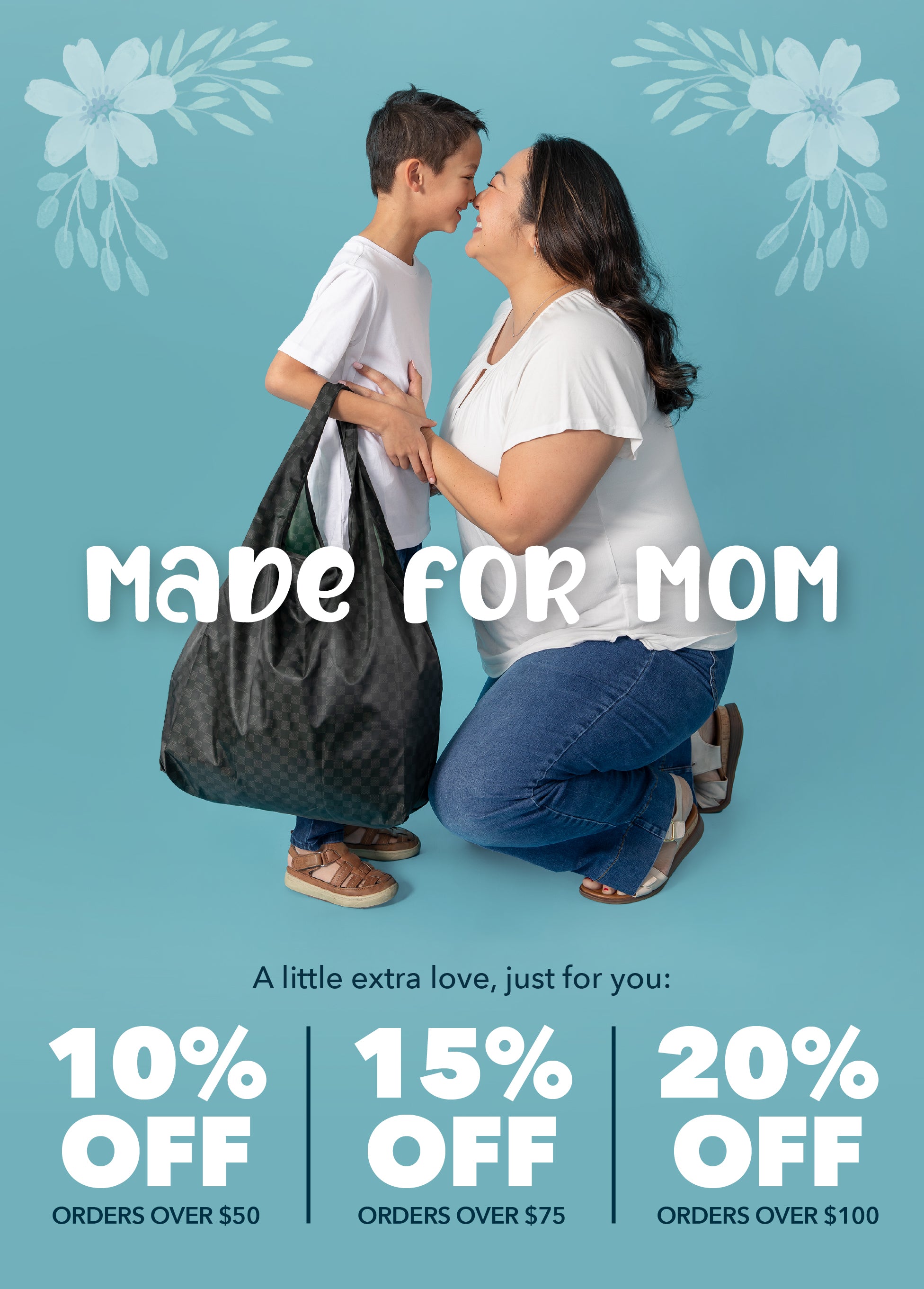 Woman & child with black tote bag on a blue background with text "Made for Mom" and promo information.