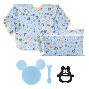 Bumkins On-The-Go Mealtime 5-Piece Set: Mickey + Minnie Mouse Sunny Side Up Blue—a waterproof bib & pouch, blue bowl & spoon, and teether.