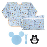 Bumkins On-The-Go Mealtime 5-Piece Set: Mickey + Minnie Mouse Sunny Side Up Blue—a waterproof bib & pouch, blue bowl & spoon, and teether.