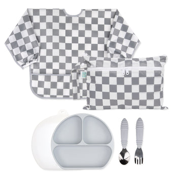 Bumkins On-The-Go Mealtime 6-Piece Set: Charcoal Check + Grey—a waterproof bib & matching pouch, silicone plate, lid, and toddler utensils.