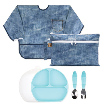 Bumkins On-The-Go Mealtime 6-Piece Set: Denim + Blue—a waterproof bib & matching pouch, silicone plate, lid, and toddler utensils.