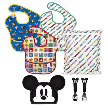 Bumkins On-The-Go Mealtime 7-Piece Set: Mickey & Friends MVP—3 waterproof bibs, waterproof pouch, plate, & toddler utensils.