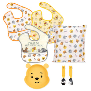 Bumkins On-The-Go Mealtime 7-Piece Set: Pooh Bear + Friends—3 waterproof bibs, waterproof pouch, plate, & toddler utensils.
