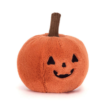 Jellycat Ooky Jack O' Lantern: plush orange pumpkin with brown stem and embroidered black smiling jack-o’-lantern face.