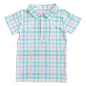 The Birdie Bean Pastel Gingham Polo Shirt features a breathable, button-down design with vibrant pink, blue, and green pastels.